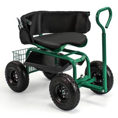 Mobiele Zitplaats Voor Tuinwerk Tuinwagen met Stuurbare Gereedschapswagen en Dienblad Opbergmand Groen
