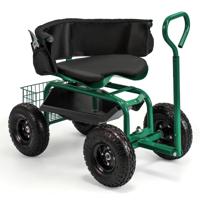 Mobiele Zitplaats Voor Tuinwerk Tuinwagen met Stuurbare Gereedschapswagen en Dienblad Opbergmand Groen