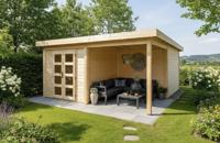 Van Kooten Prime Line blokhut 250x250 cm + overkapping 250 cm + achterwand 28 mm vuren blank - Showmodel Amersfoort- Plat dak- Onbehandeld vurenhout- Van Kooten - Van Kooten