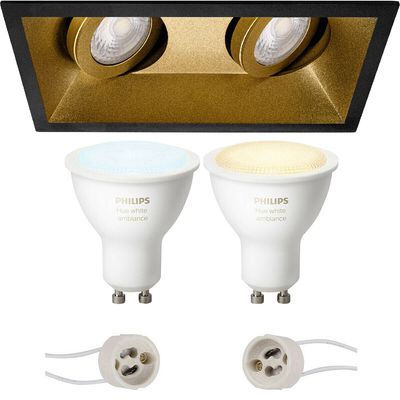 Pragmi Zano Pro - Inbouw Rechthoek Dubbel - Mat Zwart/Goud - Kantelbaar - 185x93mm - Philips Hue - LED Spot Set GU10 - White Ambiance - Bluetooth