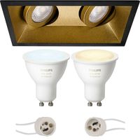 Pragmi Zano Pro - Inbouw Rechthoek Dubbel - Mat Zwart/Goud - Kantelbaar - 185x93mm - Philips Hue - LED Spot Set GU10 - White Ambiance - Bluetooth
