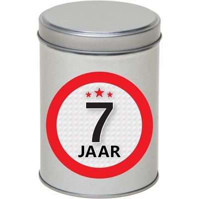 Cadeau/kado zilver rond blik 7 jaar 13 cm