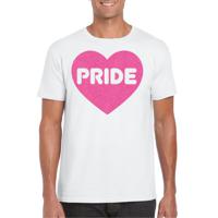 Gay Pride T-shirt voor heren - pride - roze glitter hartje - wit - LHBTI 2XL  -