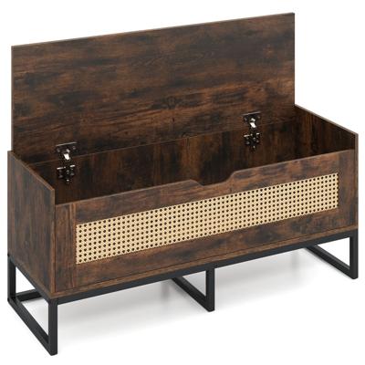 Rieten Opbergkist Schoenenbank 100 cm met Gestoffeerde Zitting Klepdeksel met Veiligheidsscharnieren Rustiek Bruin + Zwart