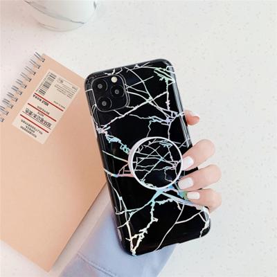 Voor iPhone 11 TPU glanzende Laser marmer kleurrijke mobiele telefoon beschermhoes met vouw beugel (zwart)