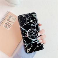 Voor iPhone 11 TPU glanzende Laser marmer kleurrijke mobiele telefoon beschermhoes met vouw beugel (zwart)