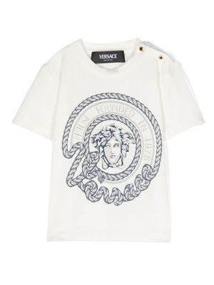 Versace Kids Medusa T-shirt van katoenblend - Wit Versace Kids Medusa T-shirt van katoenblend - Wit