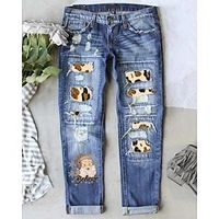 Dames Jeans Verontruste spijkerbroek Denim blauw Modieus Kerstmis zakkerig Gescheurde Kerstmis Straat Casual Volledige lengte Micro-elastisch Kerstman Comfort