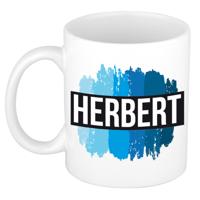 Herbert naam cadeau koffie mok - beker - met blauw verfstrepen - Cadeau collega - vaderdag