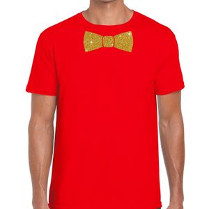 Rood fun t-shirt met vlinderdas in glitter goud heren