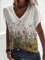 Floral Short Sleeve V Neck Casual T-Shirt