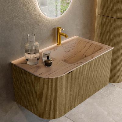 Badmeubel Mondiaz Kurve-Dlux | 85 cm | Meubelkleur Dusk | Wastafelkleur Arena | Solid surface | Wasbak rechter zijde spoelbak | 1 kraangat