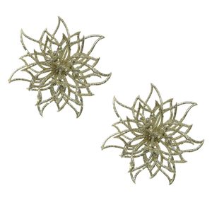 2x stuks decoratie bloemen kerstster champagne glitter op clip 14 cm - Kunstbloemen