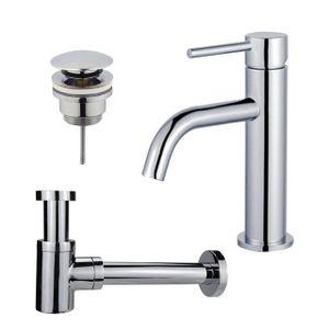 Fortifura Calvi Slim Wastafelkraanset - lage wastafelkraan - klikwaste plug - verlaagde design sifon - Chroom SW377812/SW696203/SW696219