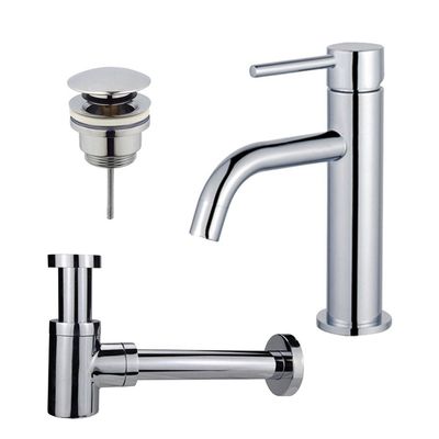 Fortifura Calvi Slim Wastafelkraanset - lage wastafelkraan - klikwaste plug - verlaagde design sifon - Chroom SW377812/SW696203/SW696219