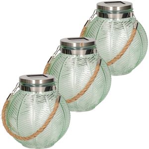 3x stuks groene solar lantaarn van gestreept glas rond 16 cm