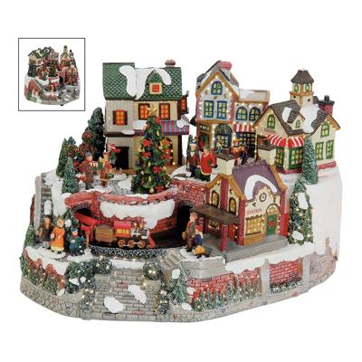 Winterdorpscène met verlichting, bewegende trein van poly, B34 x D24 x H22 cm