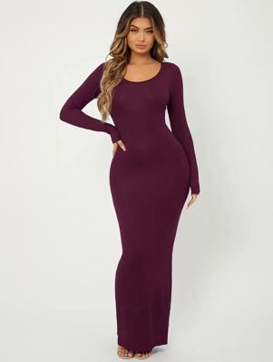Apricot Bodycon Maxi Dress - Elegant Scoop Neck Long Sleeve Maroon / XS