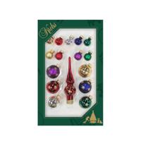 Mini kerstballen en piek set - 16-dlg - gekleurd - glas - voor mini kerstboom - kerstversiering