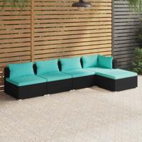 5-delige Loungeset met kussens poly rattan zwart