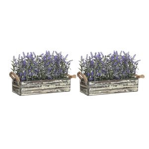 Lavendel bloemen kunstplant in houten bloempot - 2x - donkerpaarse bloemen - 30 x 12 x 21 cm