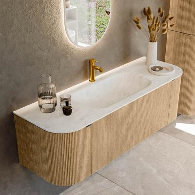 Badmeubel Mondiaz Kurve-Dlux | 140 cm | Meubelkleur Oak | Wastafelkleur Opalo | Solid surface | Midden spoelbak | 1 kraangat