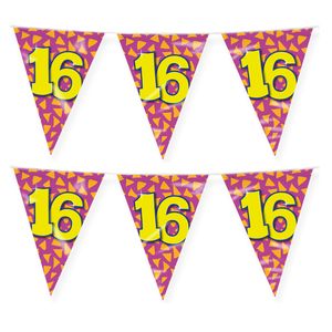 Verjaardag 16 jaar thema vlaggetjes - 2x - feestversiering - 10m - folie - dubbelzijdig