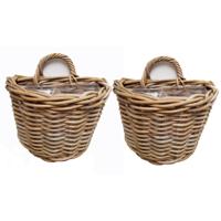 Wandhanger mand - 2x - bruin - 38 x 24 x 25 cm - rotan - gevlochten - voor bloemen/planten
