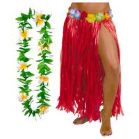 Hawaii verkleed hoela rokje en bloemenkrans - volwassenen - rood - tropisch themafeest - hoela - thumbnail