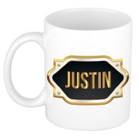 Naam cadeau mok / beker Justin met gouden embleem 300 ml - thumbnail