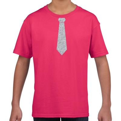Verkleedkleding t-shirt - roze - met kleine Stropdas - zilver glitters - kinderen - carnaval