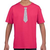 Verkleedkleding t-shirt - roze - met kleine Stropdas - zilver glitters - kinderen - carnaval