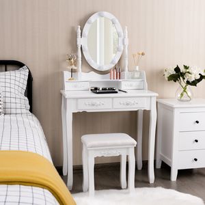 Kaptafel met 10 LED Lampjes Make-Up Tafel met Verlichte Ovale Spiegel en Aanrakingsschakelaar Helderheid Verstelbaar 4 Lades Kruk