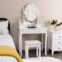 Kaptafel met 10 LED Lampjes Make-Up Tafel met Verlichte Ovale Spiegel en Aanrakingsschakelaar Helderheid Verstelbaar 4 Lades Kruk