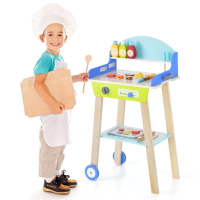 Kinder Barbecue Speelset met Houten Grillgereedschap en Speelgoedeten Handige Duwhendel en Gladde Wielen Grillkeuken Speelset