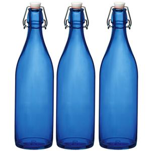 Bormioli rocco waterfles met beugeldop - Set van 3x stuks - blauw transparant - 1000 ml - Giara home