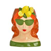 Bloempot/vaas vrouwenhoofd - citroenen meisje - groen - keramiek - 14 x 19 x 12 cm