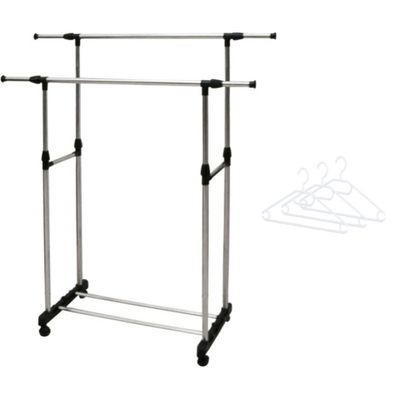 Mobiel kledingrek dubbele stang 160 cm met 10x witte kunststof kledinghangers