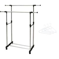 Mobiel kledingrek dubbele stang 160 cm met 10x witte kunststof kledinghangers