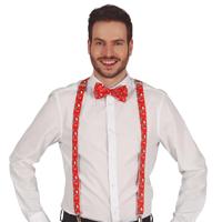 Kerst accessoires set - bretels en strikje - rood - kerst print - polyester - volwassenen