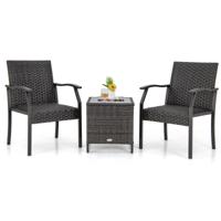 3-Delige Rieten Patio Tafel en Stoelen Set Gestoffeerde Zitting Gehard Glazen Blad Geweven Rotan Meubelset voor Terras en Tuin
