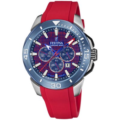 Festina F20642/2 Horloge Chrono Bike staal-siliconen zilverkleurig-rood-blauw 47 mm