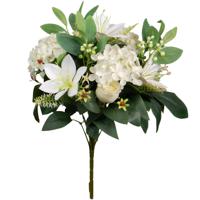 Kunstbloemen boeket roos/hortensia/lelie - creme/wit - 39 cm - Bloemstuk - Bladgroen