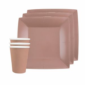 Feest/verjaardag servies set 10x gebaksbordjes en bekertjes - rose goud - karton