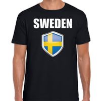 Zweden landen supporter t-shirt met Zweedse vlag schild zwart heren