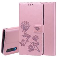 Rose reliëf horizontale Flip PU lederen case voor Galaxy A50 met houder & kaartsleuven & portemonnee (Rose goud)