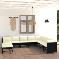 9-delige Loungeset met kussens poly rattan zwart