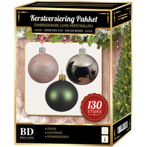 Kerstbal en piek set 130x zilver-groen-roze voor 180 cm boom