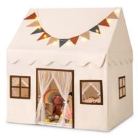 Speeltent voor Kinderen Speelhuis met Gewatteerde Antislipmat Vlaggen Lichtsnoeren Gaasgordijnen Ramen Beige