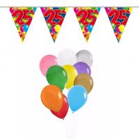 Verjaardag 25 jaar feestartikelen set - 50x ballonnen - 2x leeftijd print vlaggenlijnen